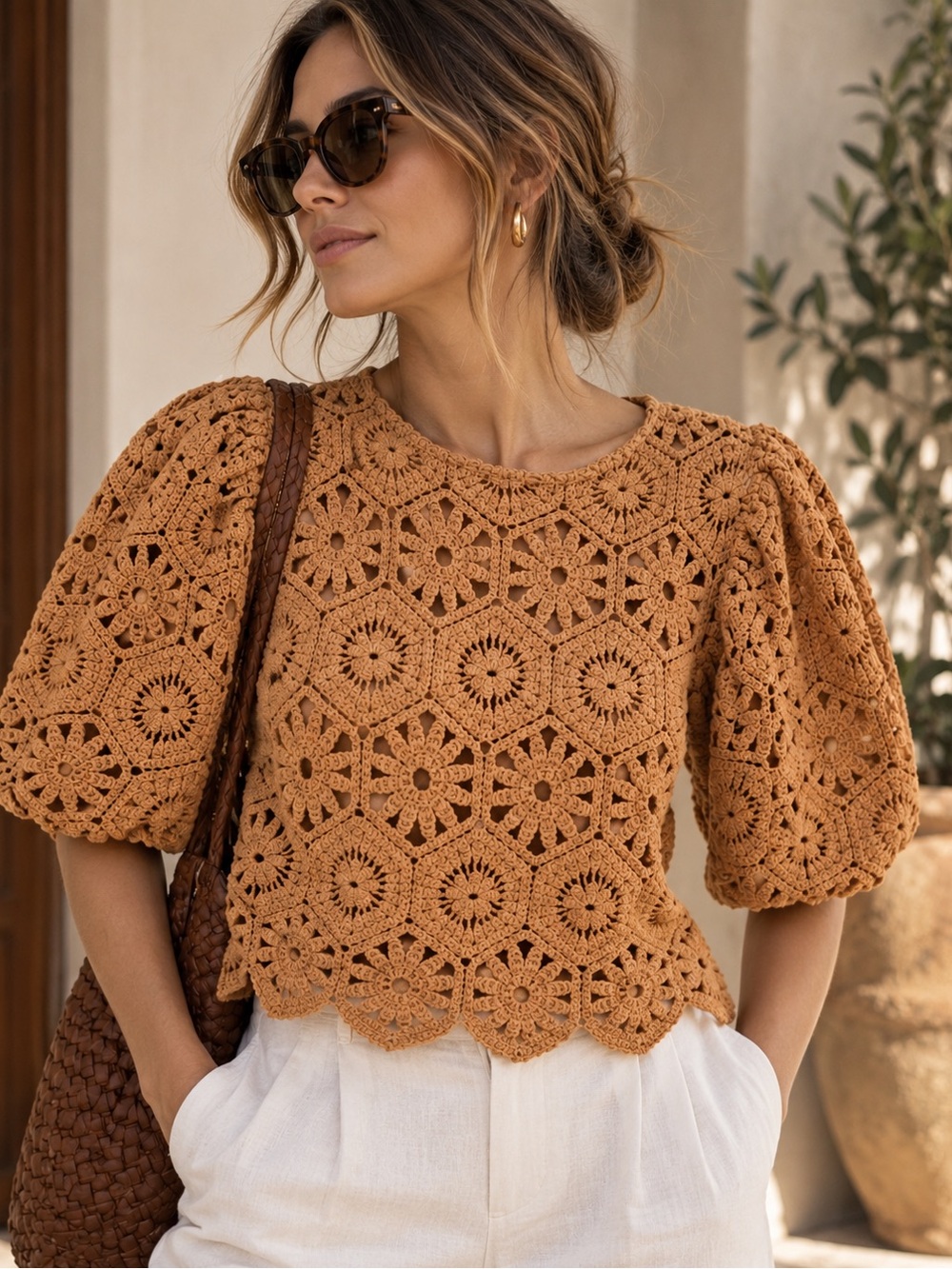 Zara Crochet Floral Puff Sleeve Cropped Top Medium Brown